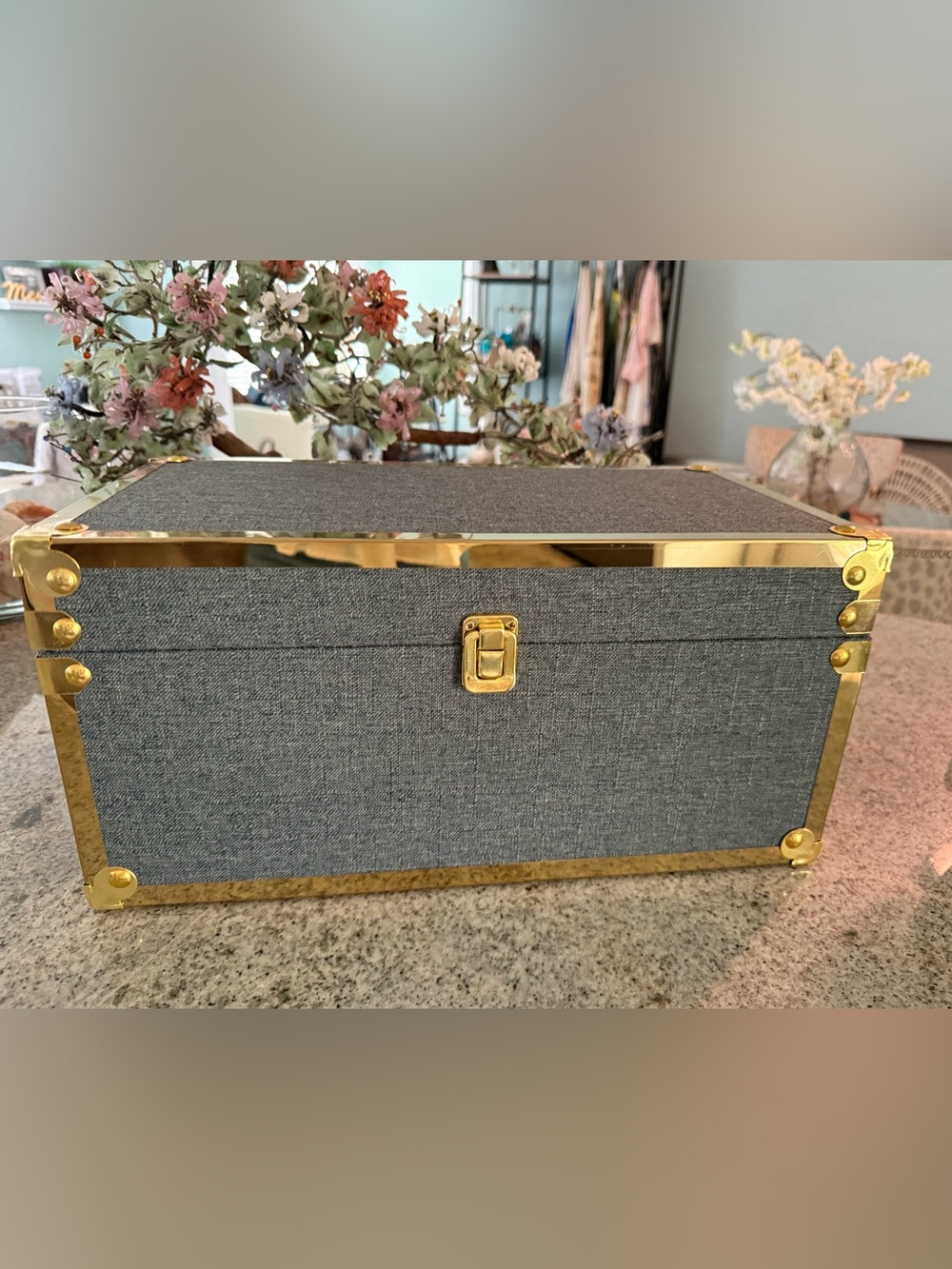Gray Fabric Storage Trunk with Gold Accent